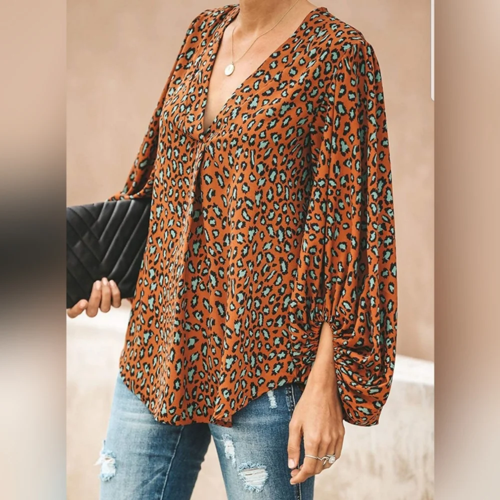 Printed V Neck Lantern Sleeve Blouse Button Down - Picture 2 of 4